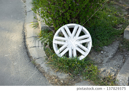White hubcap discarded beside a curb near roadside greenery. Waste, neglect, abandonment, urban residue, disposal, and everyday street disorder in a quiet residential environment. White hubcap discarded beside a curb near roadside greenery. Waste, neglect, abandonment, urban residue, disposal, and everyday street disorder in a quiet residential environment. 137829375