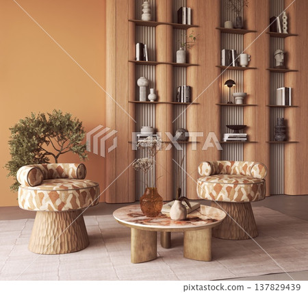 Modern Lounge Interior with Wooden Shelving and Armchairs Modern Lounge Interior with Wooden Shelving and Armchairs 137829439