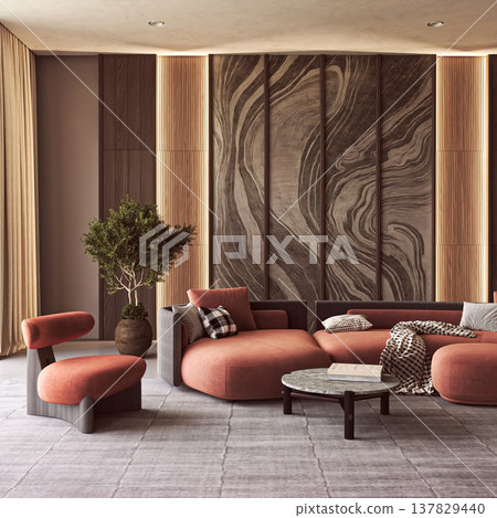 Modern Luxury Living Room with Terracotta Sofa Modern Luxury Living Room with Terracotta Sofa 137829440