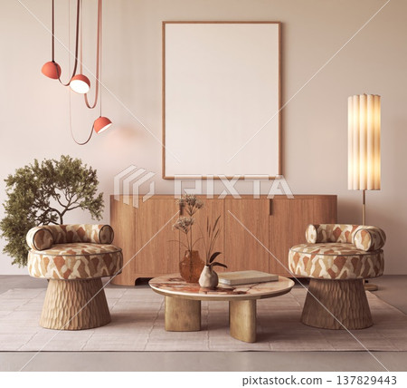 Modern interior mockup with blank poster frame and patterned armchairs Modern interior mockup with blank poster frame and patterned armchairs 137829443