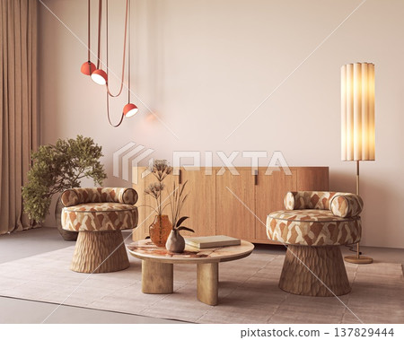 Minimalist living room interior with orange armchairs and pendant light Minimalist living room interior with orange armchairs and pendant light 137829444