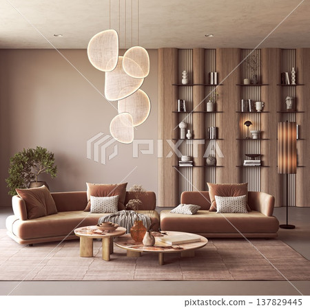 Modern living room with terracotta sofa and wooden bookshelves Modern living room with terracotta sofa and wooden bookshelves 137829445