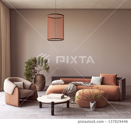 Modern living room interior with terracotta sofa and cylindrical pendant light 137829446