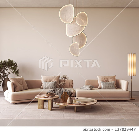 Modern living room interior with beige sofa and abstract pendant light Modern living room interior with beige sofa and abstract pendant light 137829447