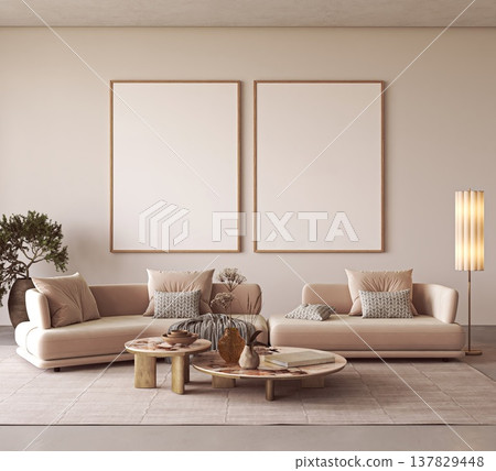 Modern living room mockup with two blank poster frames and beige sofa Modern living room mockup with two blank poster frames and beige sofa 137829448