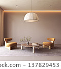 Minimalist Living Room with Orange Armchairs and Pendant Light 137829453