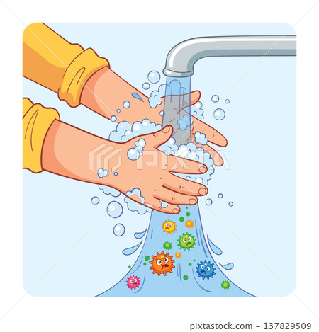 Cartoon illustration of child hands washing under running water while colorful germs and viruses are washed away Cartoon illustration of child hands washing under running water while colorful germs and viruses are washed away 137829509