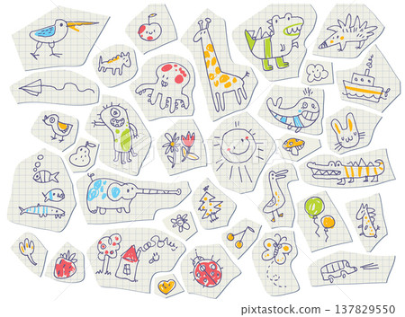Set of cute childish doodles on torn pieces of grid notebook paper 137829550