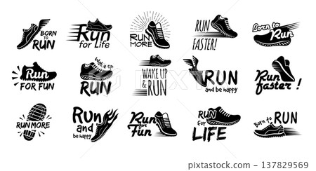 Run labels. Badges collection with running shoes stylized illustrations recent vector lettering design badges Run labels. Badges collection with running shoes stylized illustrations recent vector lettering design badges 137829569