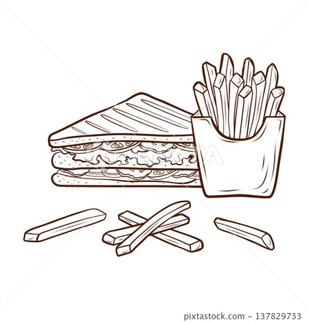 Club Sandwich and French Fries. Vector illustration in an engraving style. A fast-food dish icon for café menus, diner display boards, takeout flyers, food delivery apps, and snack bar posters. 137829733