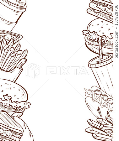 Fast food border with burgers, hot dogs, sandwiches, fries, drinks and sauce drawn in hand-drawn line art vector style. Menu template for cafe posters, delivery banners and takeaway flyers. 137829736