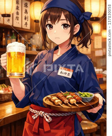 Illustration of a female staff member at an izakaya (Japanese pub)! Part-time waitress in the dining area! 137830058