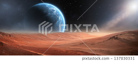 extrasolar planet with blue atmosphere over red desert - ai generated 137830331