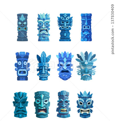 Tiki mask cartoon vector concept. Tribal statue totem pole hawaiian culture polynesian sculpture wooden idol carvings ritual symbol indigenous art religious object isolated on white background 137830409