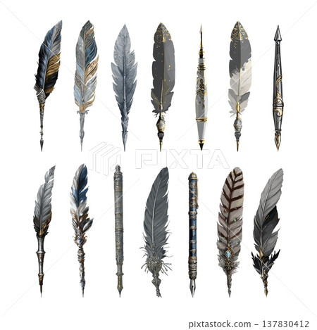 Stationery writing set cartoon vector concept. Feather pen ink quill pot calligraphy medieval feathered vintage metal nib graphic scholar equipment drawing sketching isolated on white background 137830412