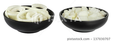 Onion slices in a ceramic bowl isolated on a white background. Onion slices in a ceramic bowl isolated on a white background. 137830707