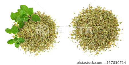 Oregano or marjoram leaves fresh and dry isolated on white background. Top view. Flat lay. Oregano or marjoram leaves fresh and dry isolated on white background. Top view. Flat lay. 137830714