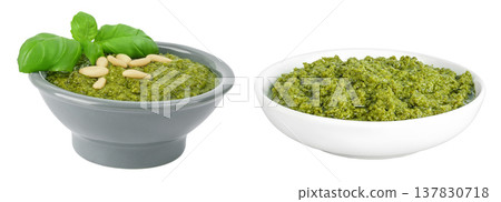 Pesto sauce in ceramic bowl isolated on white background Pesto sauce in ceramic bowl isolated on white background 137830718