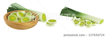 sliced Leek vegetable in wooden bowl isolated on white background with full depth of field 137830724