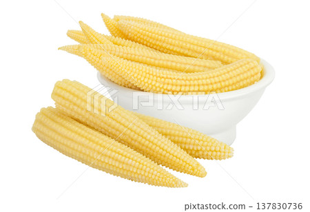 Pickled young baby corn cobs in ceramic bowl isolated on white background Pickled young baby corn cobs in ceramic bowl isolated on white background 137830736