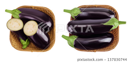 eggplant in a wicker basket isolated on white background with full depth of field. Top view. Flat lay eggplant in a wicker basket isolated on white background with full depth of field. Top view. Flat lay 137830744