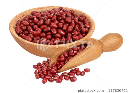 Red adzuki beans in wooden bowl and scoop isolated on white background Red adzuki beans in wooden bowl and scoop isolated on white background 137830751