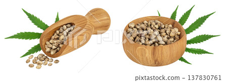 Hemp seeds in wooden bowl and scoop isolated on white background with full depth of field Hemp seeds in wooden bowl and scoop isolated on white background with full depth of field 137830761
