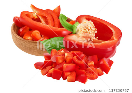 diced of red sweet bell pepper in wooden bowl isolated on white background diced of red sweet bell pepper in wooden bowl isolated on white background 137830767