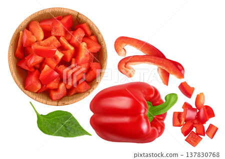 slices of red sweet bell pepper in wooden bowl isolated on white background with full depth of field. Top view. Flat lay 137830768