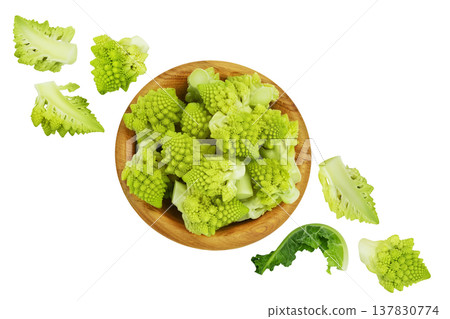 Romanesco broccoli cabbage or Roman Cauliflower in wooden bowl isolated on white background . Top view. Flat lay Romanesco broccoli cabbage or Roman Cauliflower in wooden bowl isolated on white background . Top view. Flat lay 137830774