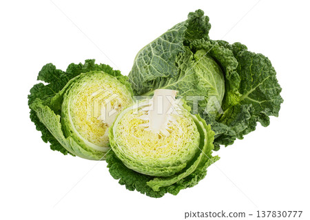 Savoy cabbage half isolated on white background with full depth of field Savoy cabbage half isolated on white background with full depth of field 137830777