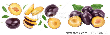 fresh purple plum and half with leaves isolated on white background . Top view. Flat lay 137830788