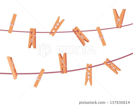 Clothespin on ropes. Wooden clothespins hanging on clothesline. Holders for clean clothes. Laundry accessories, air drying clothes, photo design, nowaday vector elements Clothespin on ropes. Wooden clothespins hanging on clothesline. Holders for clean clothes. Laundry accessories, air drying clothes, photo design, nowaday vector elements 137830814