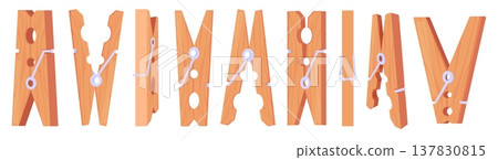 Clothespins. Wooden clothespin different rotations, laundry decorative tools. Household accessories for clothes, clatch for cord, cleaning nowaday vector elements Clothespins. Wooden clothespin different rotations, laundry decorative tools. Household accessories for clothes, clatch for cord, cleaning nowaday vector elements 137830815