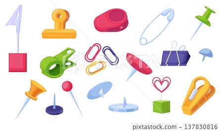 Cartoon clip holders. Metal plastic clutches, clips for documents and papers. Decorative office board pins. Cartoon stationery, pin and clamp, nowaday vector set Cartoon clip holders. Metal plastic clutches, clips for documents and papers. Decorative office board pins. Cartoon stationery, pin and clamp, nowaday vector set 137830816
