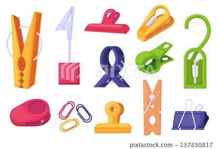 Clip holders. Cartoon office clips for paper and documents, wooden plastic clothe pins. Metal clamp, frip and clutch. Stationery nowaday vector elements Clip holders. Cartoon office clips for paper and documents, wooden plastic clothe pins. Metal clamp, frip and clutch. Stationery nowaday vector elements 137830817