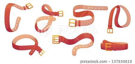 Leather strap various positions and angles. Isolated narrow belt for men women trousers or pants. Fashion accessory for cloth, nowaday vector set Leather strap various positions and angles. Isolated narrow belt for men women trousers or pants. Fashion accessory for cloth, nowaday vector set 137830819