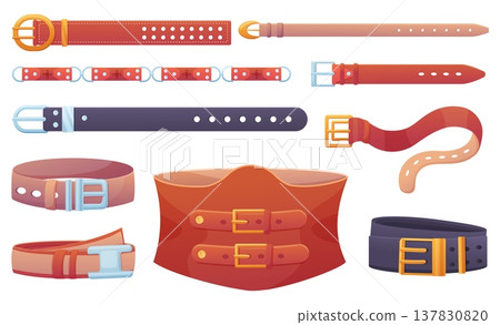 Leather belts with buckles. Wide narrow leatherette straps, fashion clothes accessories with silber golden buckle. Trendy belt, nowaday vector set Leather belts with buckles. Wide narrow leatherette straps, fashion clothes accessories with silber golden buckle. Trendy belt, nowaday vector set 137830820