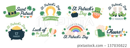 St. Patricks day text labels. Stickers with leprechaun character, rainbow, cauldron pot, golden coins, green ale beer and hat, racy vector set 137830822