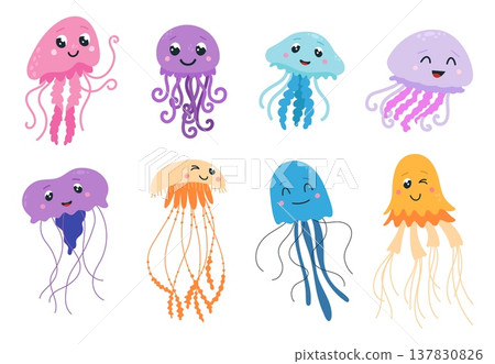 Jellyfish characters. Cartoon jellyfish, underwater funny animals swimming. Cute children mascots, isolated wild ocean sea creatures, classy vector set Jellyfish characters. Cartoon jellyfish, underwater funny animals swimming. Cute children mascots, isolated wild ocean sea creatures, classy vector set 137830826