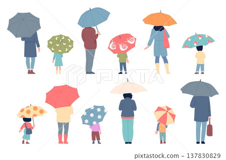 People stand back with umbrella. Adult woman, man, children holding umbrellas. Human on spring, autumn winter street, outdoor walking, recent vector characters 137830829