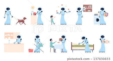 Robot housekeepers. Android character cleaning home, makes bed, walks dog, ironing, sitting with child, delivery parcel. Digital technologies, recent vector set Robot housekeepers. Android character cleaning home, makes bed, walks dog, ironing, sitting with child, delivery parcel. Digital technologies, recent vector set 137830833
