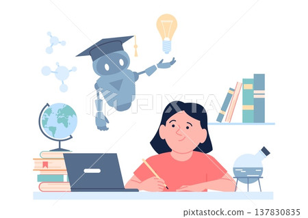 Homework with ai. Artificial intelligence help girl in study, giving new ideas and solutions. Robot teacher for young student, digital tech in education recent vector scene Homework with ai. Artificial intelligence help girl in study, giving new ideas and solutions. Robot teacher for young student, digital tech in education recent vector scene 137830835