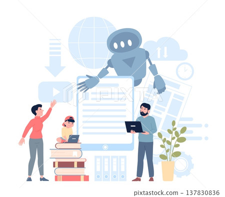 Study with ai. Child adults studying with robot, android teacher. Modern education system, robots interacting and technologies using, recent vector concept Study with ai. Child adults studying with robot, android teacher. Modern education system, robots interacting and technologies using, recent vector concept 137830836