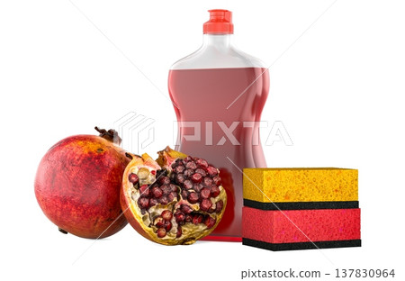 Pomegranate dishwashing liquid bottle with sponge and fresh pomegranate, 3d rendering Pomegranate dishwashing liquid bottle with sponge and fresh pomegranate, 3d rendering 137830964