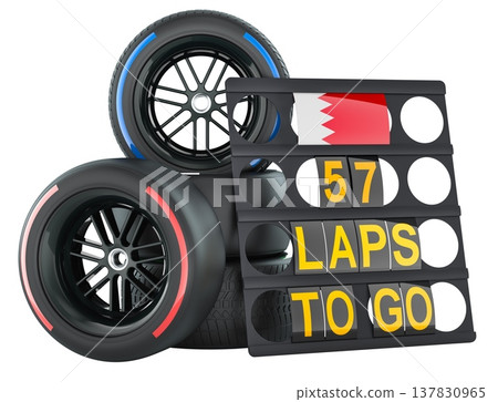 Racing in Bahrain, pit board with flag of Bahrain and racing wheels with different compounds type tyres. 3D rendering Racing in Bahrain, pit board with flag of Bahrain and racing wheels with different compounds type tyres. 3D rendering 137830965