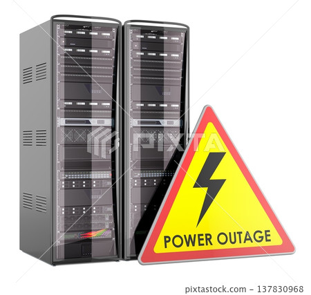 Server racks with power outage warning sign. Data center blackout concept, 3d rendering Server racks with power outage warning sign. Data center blackout concept, 3d rendering 137830968