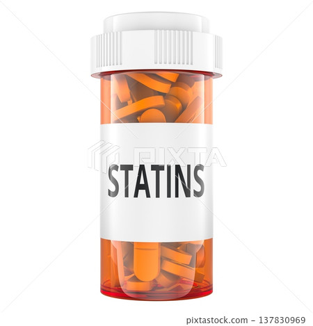 Statins prescription pill bottle with tablets, 3d rendering Statins prescription pill bottle with tablets, 3d rendering 137830969