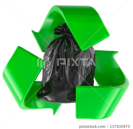 Black garbage bag inside green recycling symbol. Waste sorting and recycling concept, 3d rendering Black garbage bag inside green recycling symbol. Waste sorting and recycling concept, 3d rendering 137830973