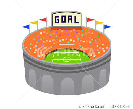 Cartoon soccer stadium flat icon with a GOAL sign and colorful confetti raining down on the stands 137831094